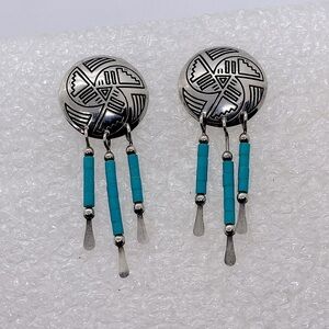 Vtg Navajo Sterling Turquoise Heishi Tube Bead Fringe Concho Stud Earrings 1.8”